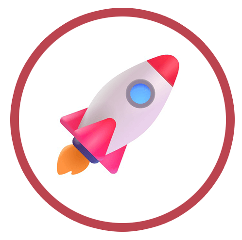 Rakettikuvake jossa on pyöreä, tummanpunainen reuna.