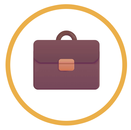 Salkku vaalealla taustalla. Pyöreä kuvake, jossa on keltainen kehys