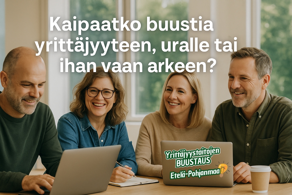 Iloisia ja keskustelevia ihmisiä pöydän äärellä, läppärit avoinna.