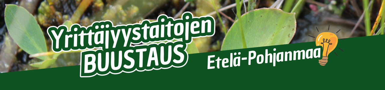 Yrittäjyystaitojen buustaus -teksti ja lehtiä taustalla.
