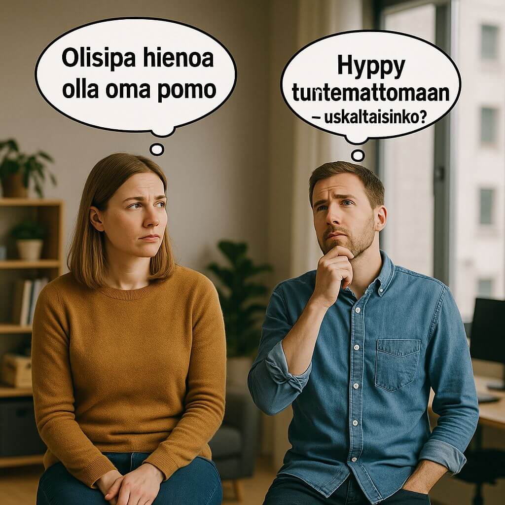 Kaksi henkilöä miettii yrittäjyyttä