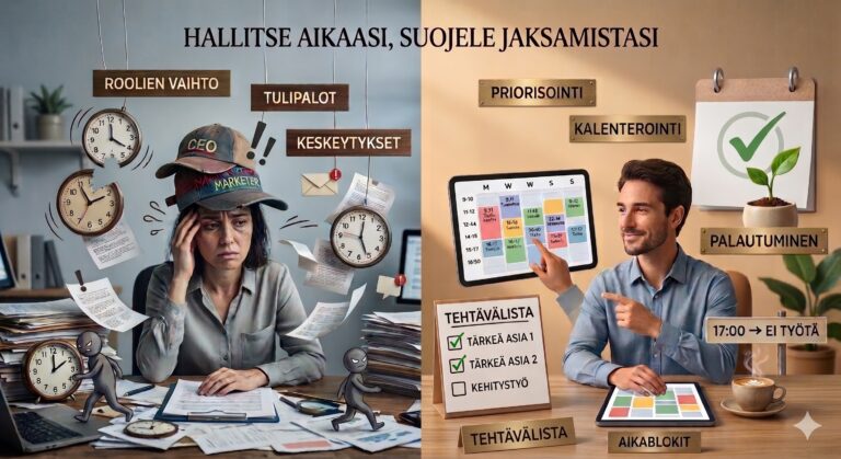 Kuvassa vasemmalla kaaos, oikealla ajanhallintaan liittyviä asioita.